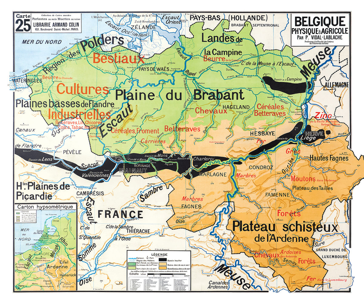 Carte Vidal Lablache 25 - BELGIQUE - PHYSIQUE ET AGRICOLE - 120 x 100 cm (reproduction ancienne carte scolaire)