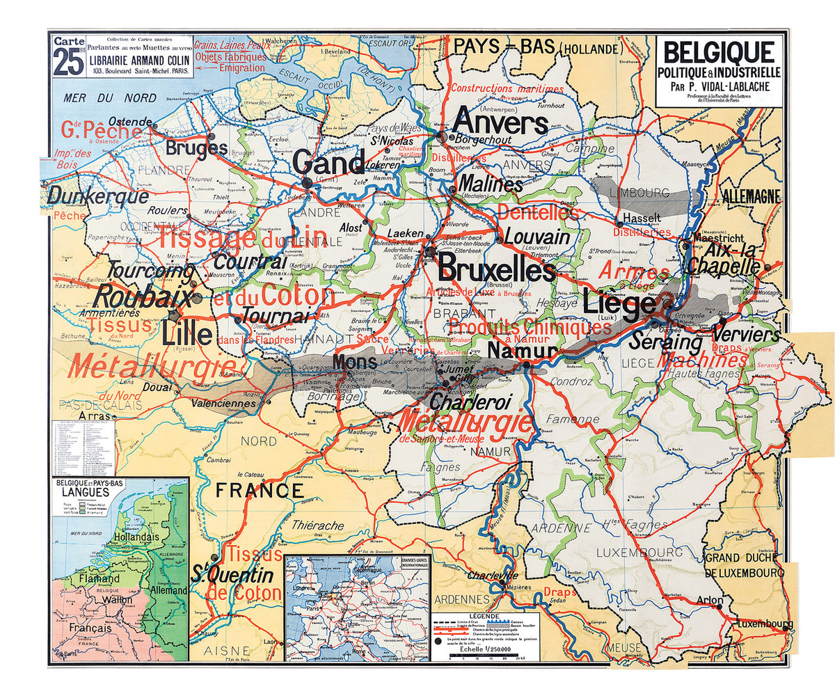 Carte Vidal Lablache 25 BIS - BELGIQUE - POLITIQUE ET INDUSTRIELLE - 120 x 100 cm (reproduction ancienne carte scolaire)