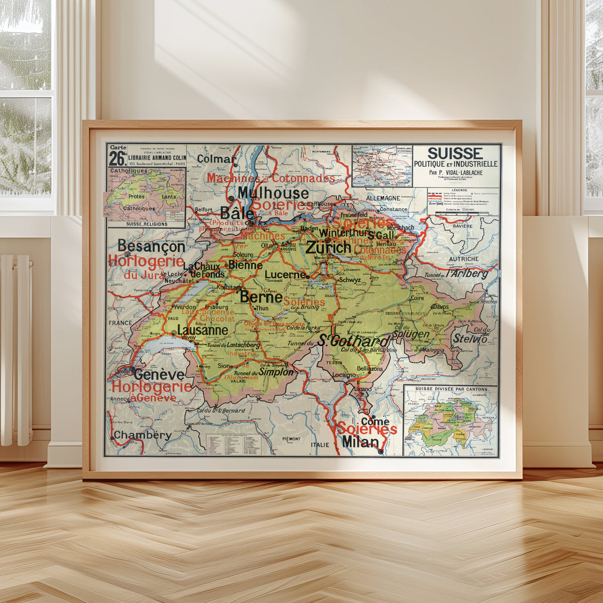 Carte Vidal Lablache 26 BIS - SUISSE - POLITIQUE ET INDUSTRIELLE - 120 x 100 cm (reproduction ancienne carte scolaire)