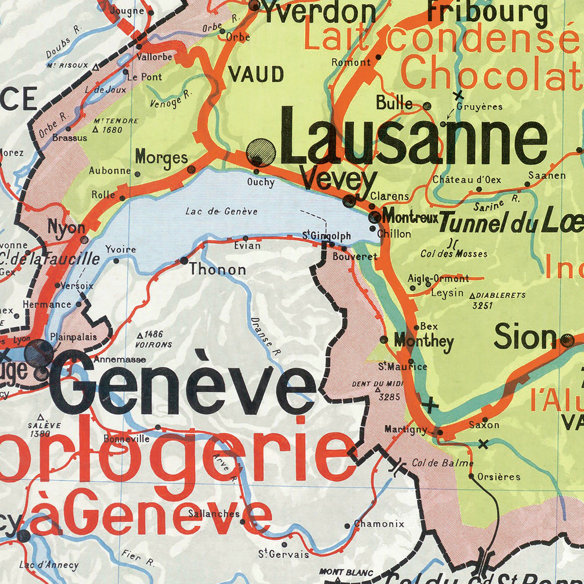 Carte Vidal Lablache 26 BIS - SUISSE - POLITIQUE ET INDUSTRIELLE - 120 x 100 cm (reproduction ancienne carte scolaire)