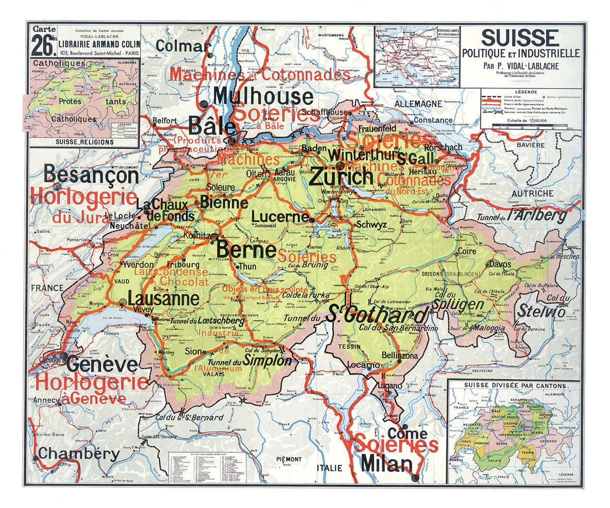 Carte Vidal Lablache 26 BIS - SUISSE - POLITIQUE ET INDUSTRIELLE - 120 x 100 cm (reproduction ancienne carte scolaire)