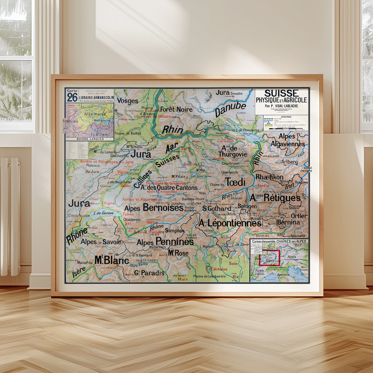 Carte Vidal Lablache 26 - SUISSE - PHYSIQUE ET AGRICOLE - 120 x 100 cm (reproduction ancienne carte scolaire)