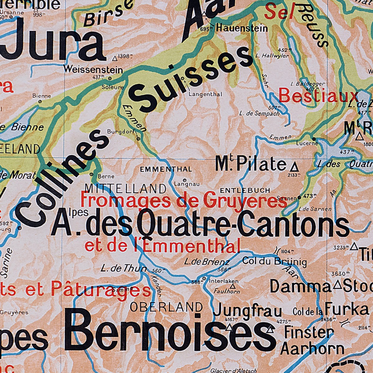Carte Vidal Lablache 26 - SUISSE - PHYSIQUE ET AGRICOLE - 120 x 100 cm (reproduction ancienne carte scolaire)