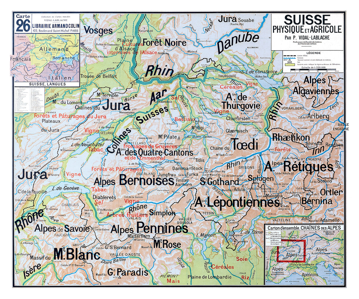 Carte Vidal Lablache 26 - SUISSE - PHYSIQUE ET AGRICOLE - 120 x 100 cm (reproduction ancienne carte scolaire)