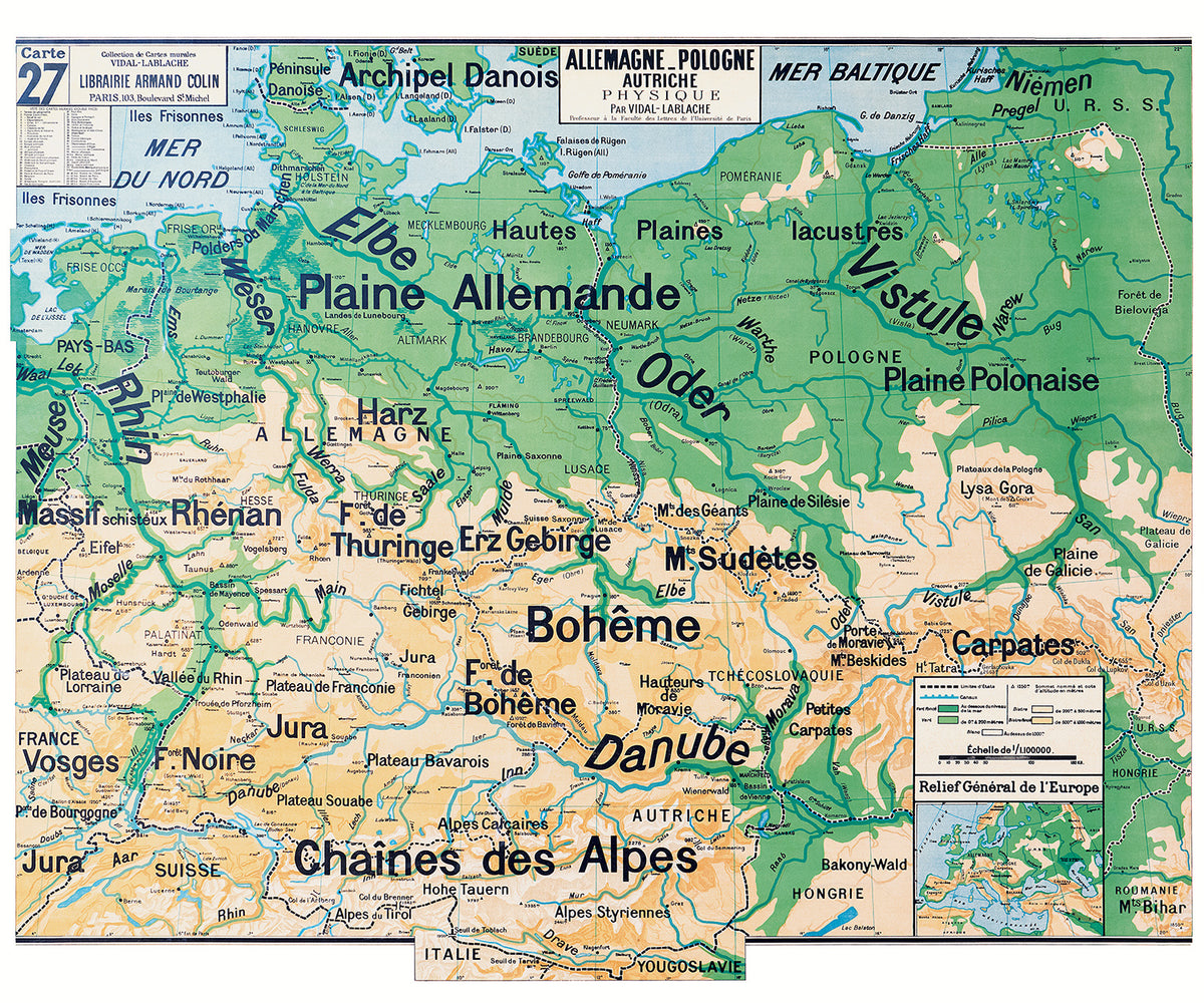 Carte Vidal Lablache 27 - ALLEMAGNE POLOGNE AUTRICHE - PHYSIQUE - 120 x 100 cm (reproduction ancienne carte scolaire)