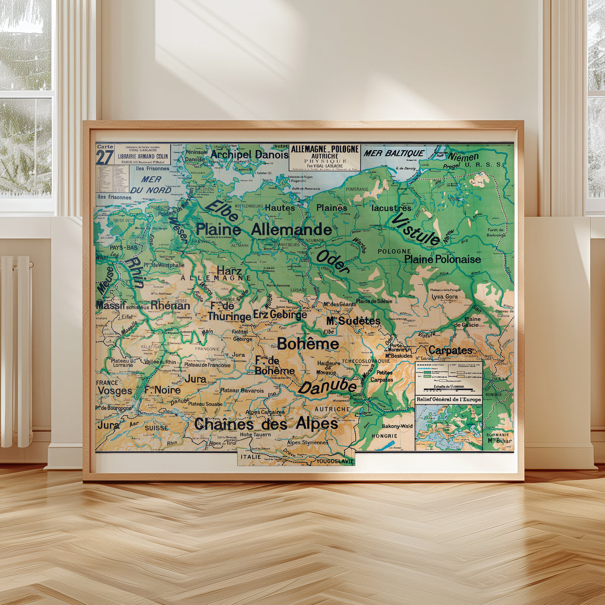 Carte Vidal Lablache 27 - ALLEMAGNE POLOGNE AUTRICHE - PHYSIQUE - 120 x 100 cm (reproduction ancienne carte scolaire)