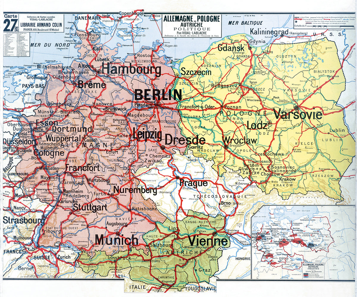 Carte Vidal Lablache 27 BIS - ALLEMAGNE POLOGNE AUTRICHE - POLITIQUE - 120 x 100 cm (reproduction ancienne carte scolaire)