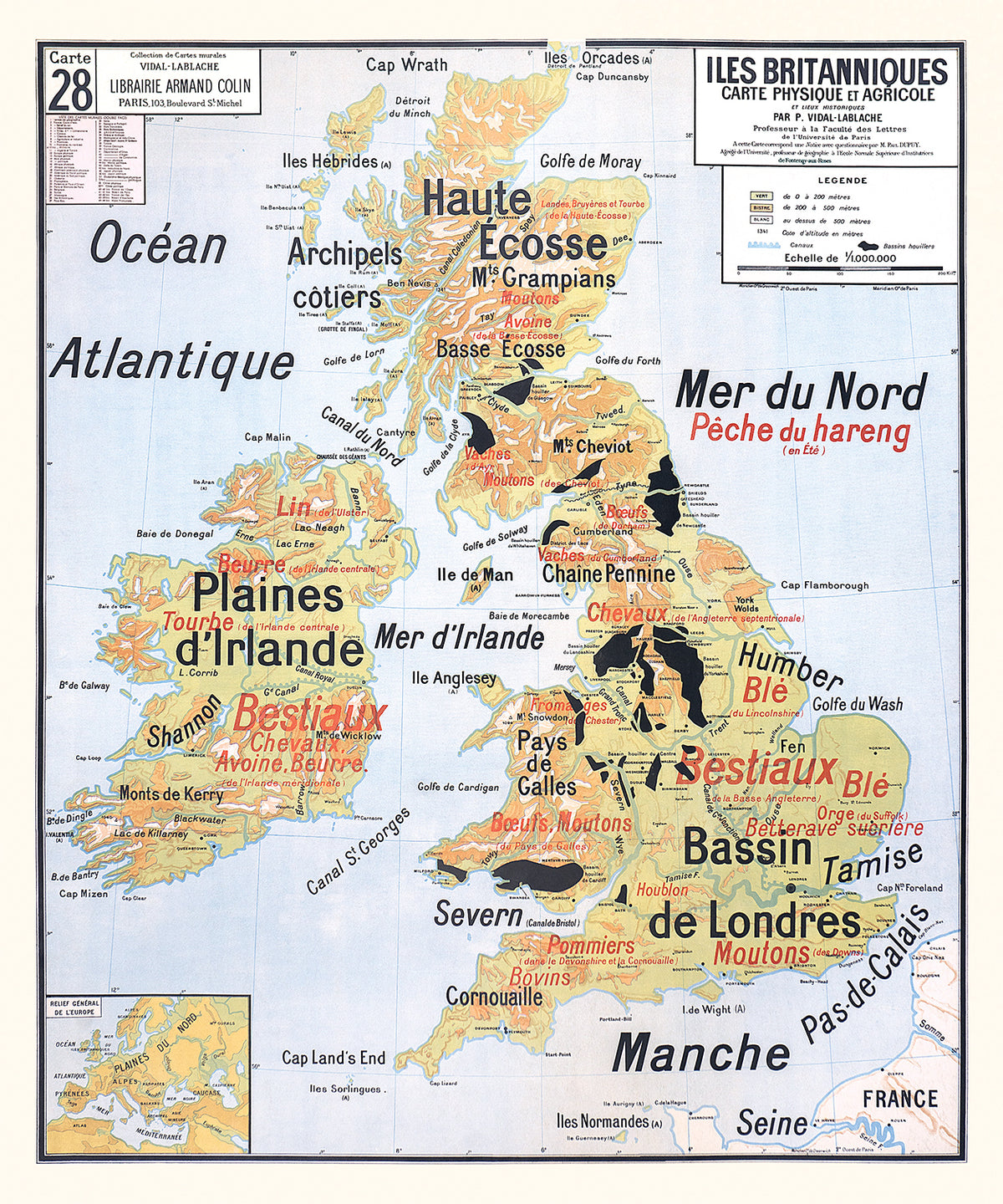 Carte Vidal Lablache 28 - ILES BRITANIQUES - PHYSIQUE ET AGRICOLE - 100 x 120 cm (reproduction ancienne carte scolaire)