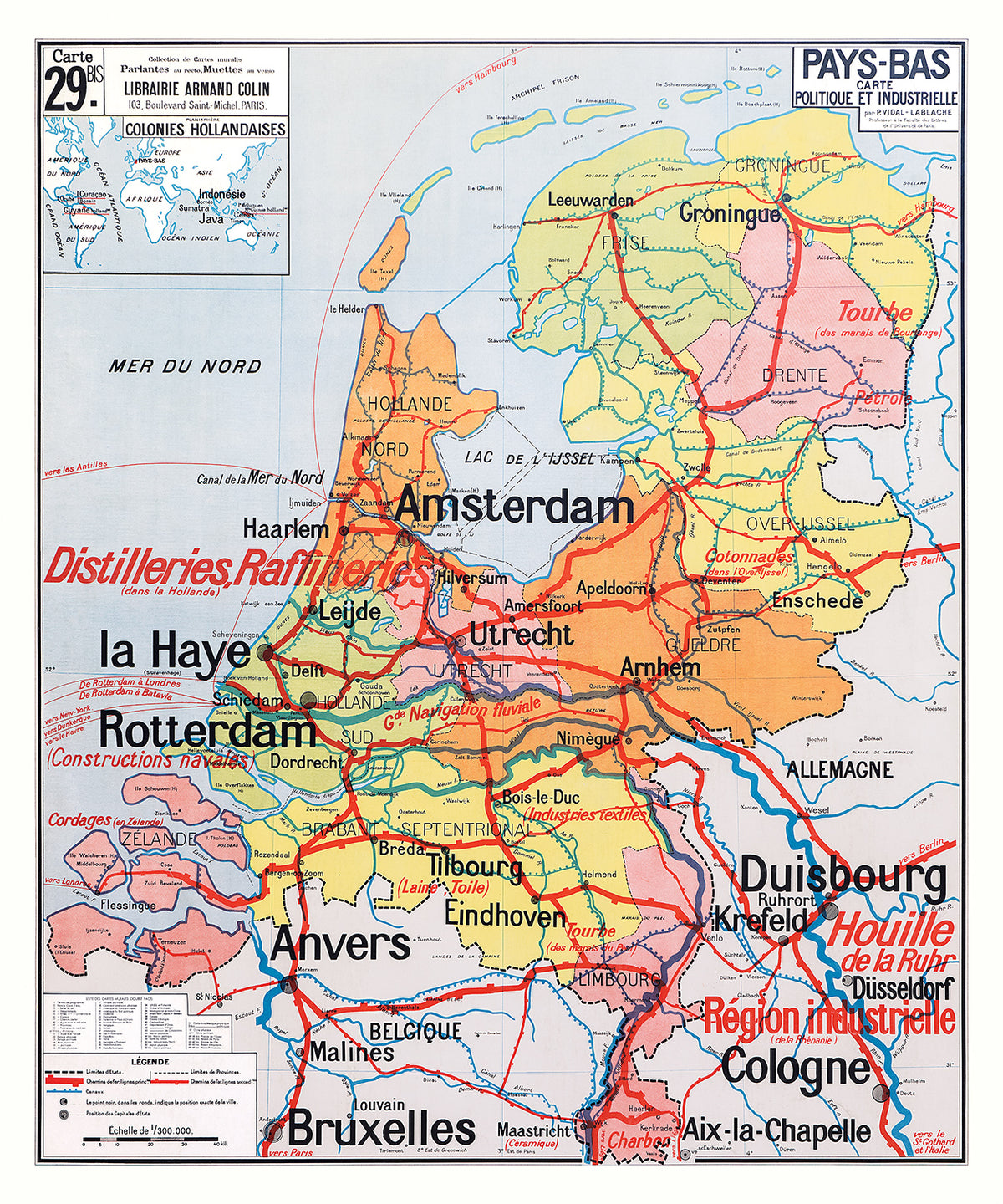 Carte Vidal Lablache 29 BIS - PAYS-BAS - POLITIQUE ET INDUSTRIELLE - 100 x 120 cm (reproduction ancienne carte scolaire)