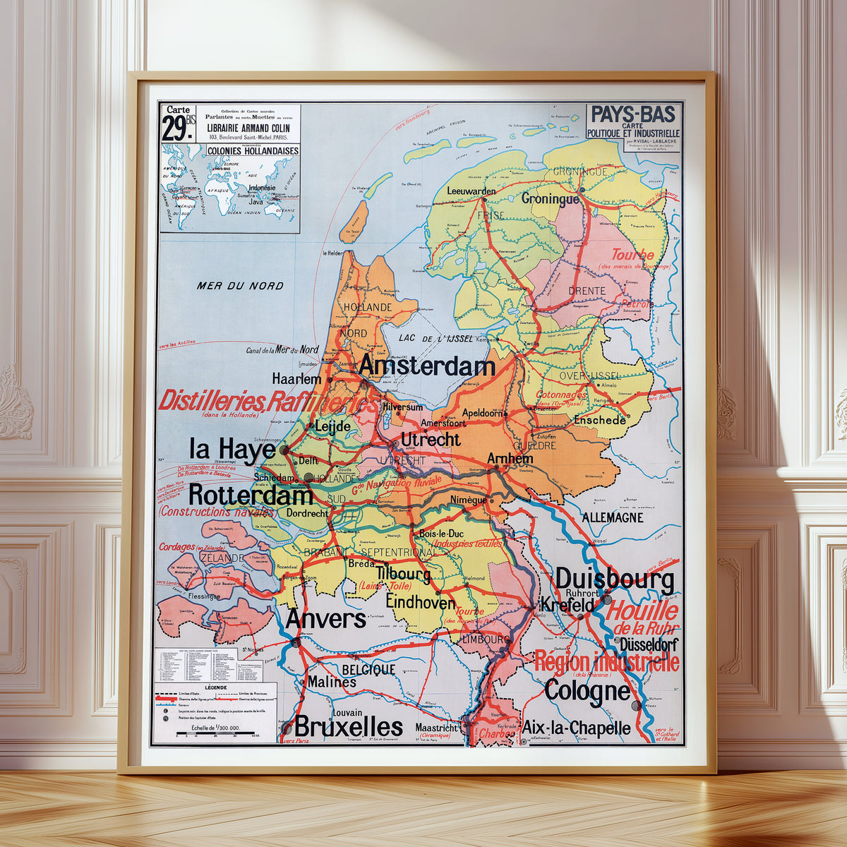 Carte Vidal Lablache 29 BIS - PAYS-BAS - POLITIQUE ET INDUSTRIELLE - 100 x 120 cm (reproduction ancienne carte scolaire)
