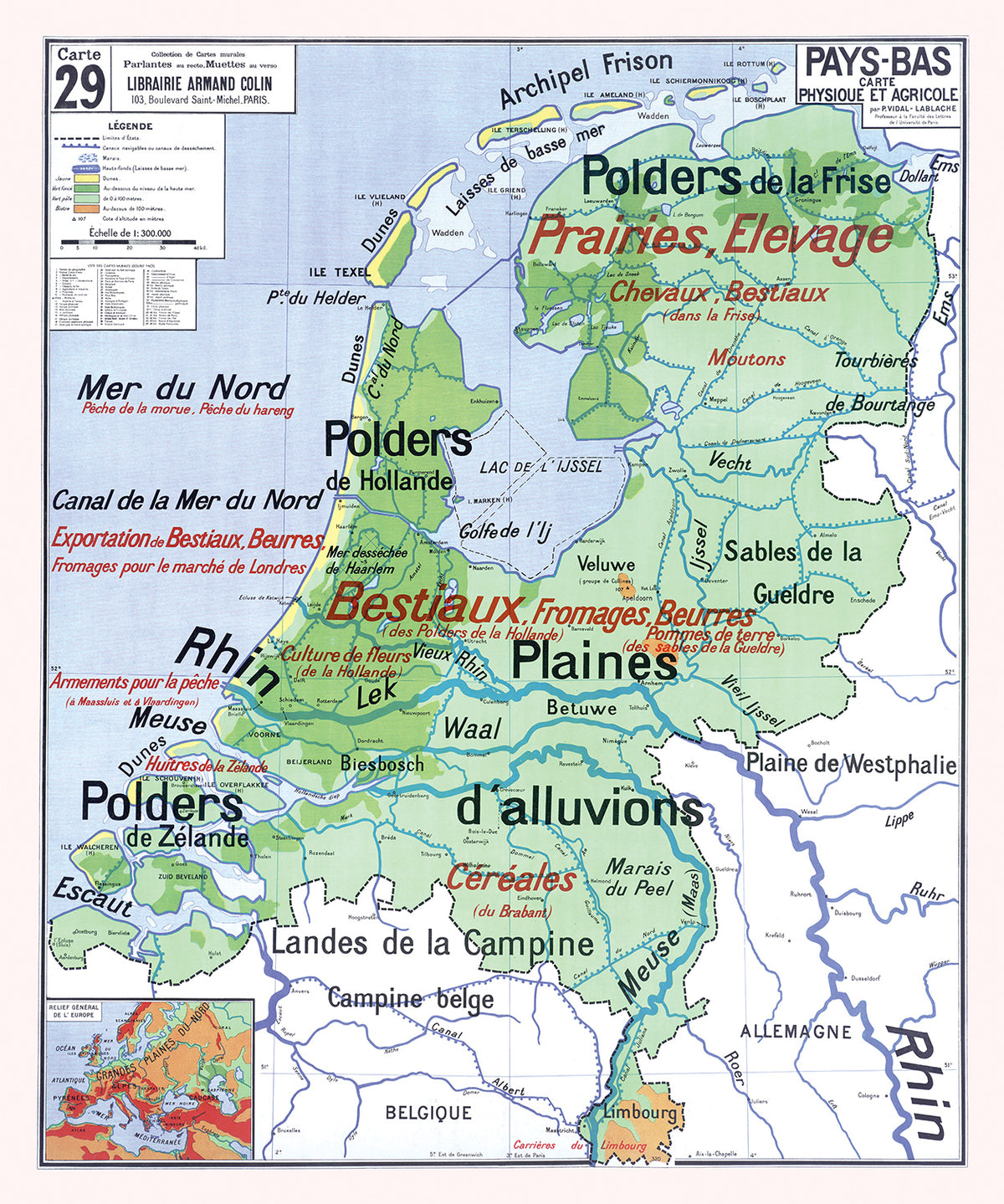 Carte Vidal Lablache 29 - PAYS-BAS - PHYSIQUE ET AGRICOLE - 100 x 120 cm (reproduction ancienne carte scolaire)