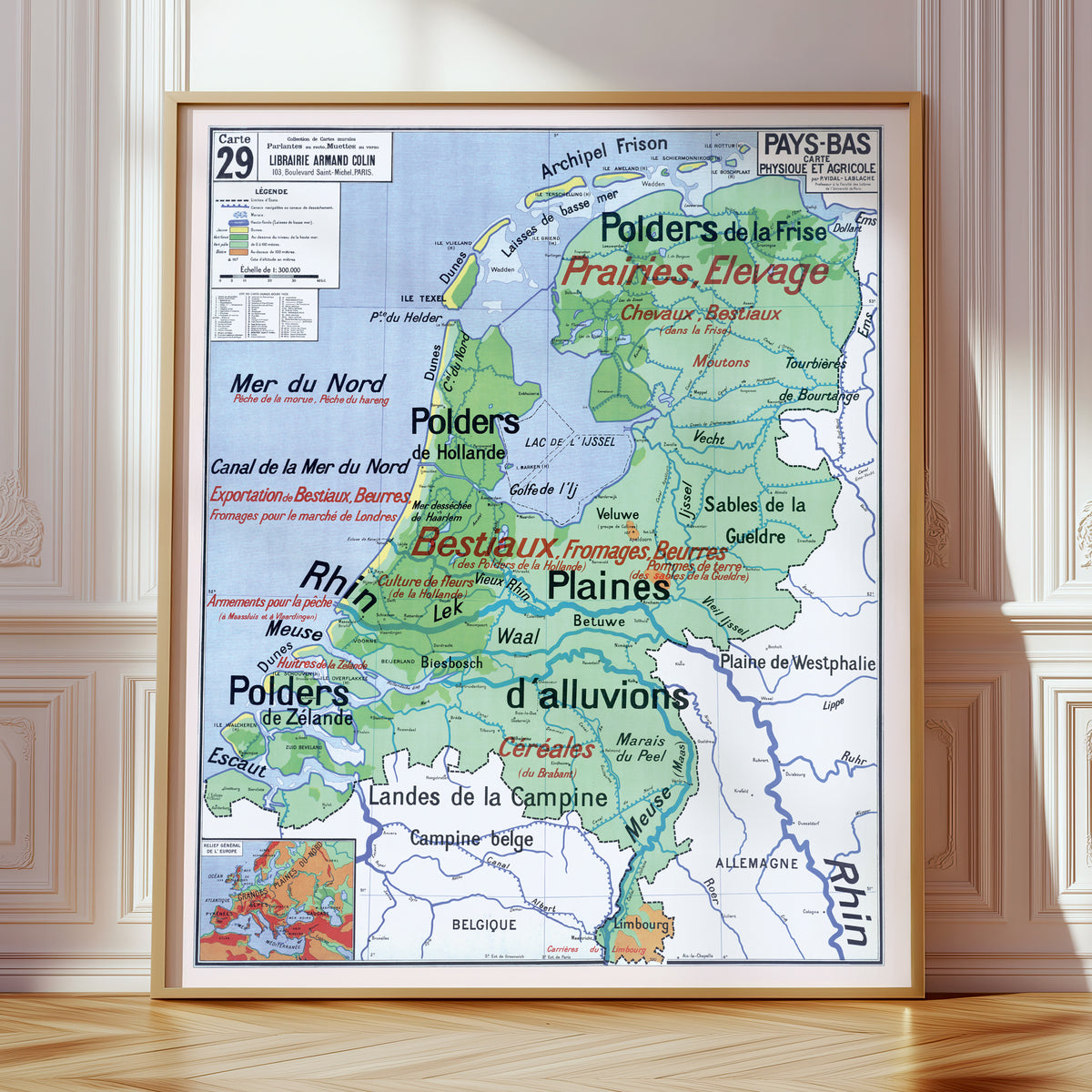 Carte Vidal Lablache 29 - PAYS-BAS - PHYSIQUE ET AGRICOLE - 100 x 120 cm (reproduction ancienne carte scolaire)