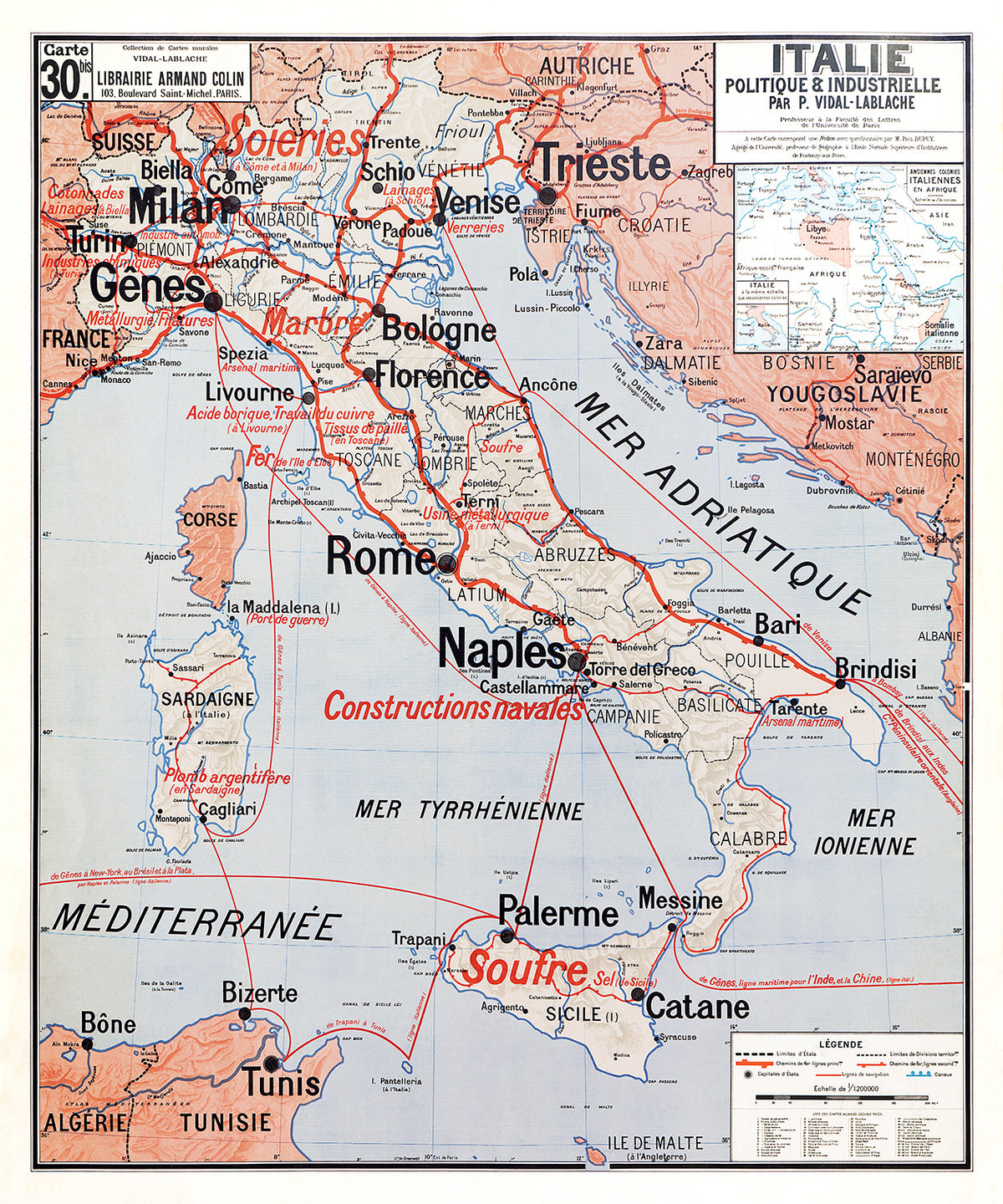 Carte Vidal Lablache 30 BIS - ITALIE - POLITIQUE ET INDUSTRIELLE - 100 x 120 cm (reproduction ancienne carte scolaire)