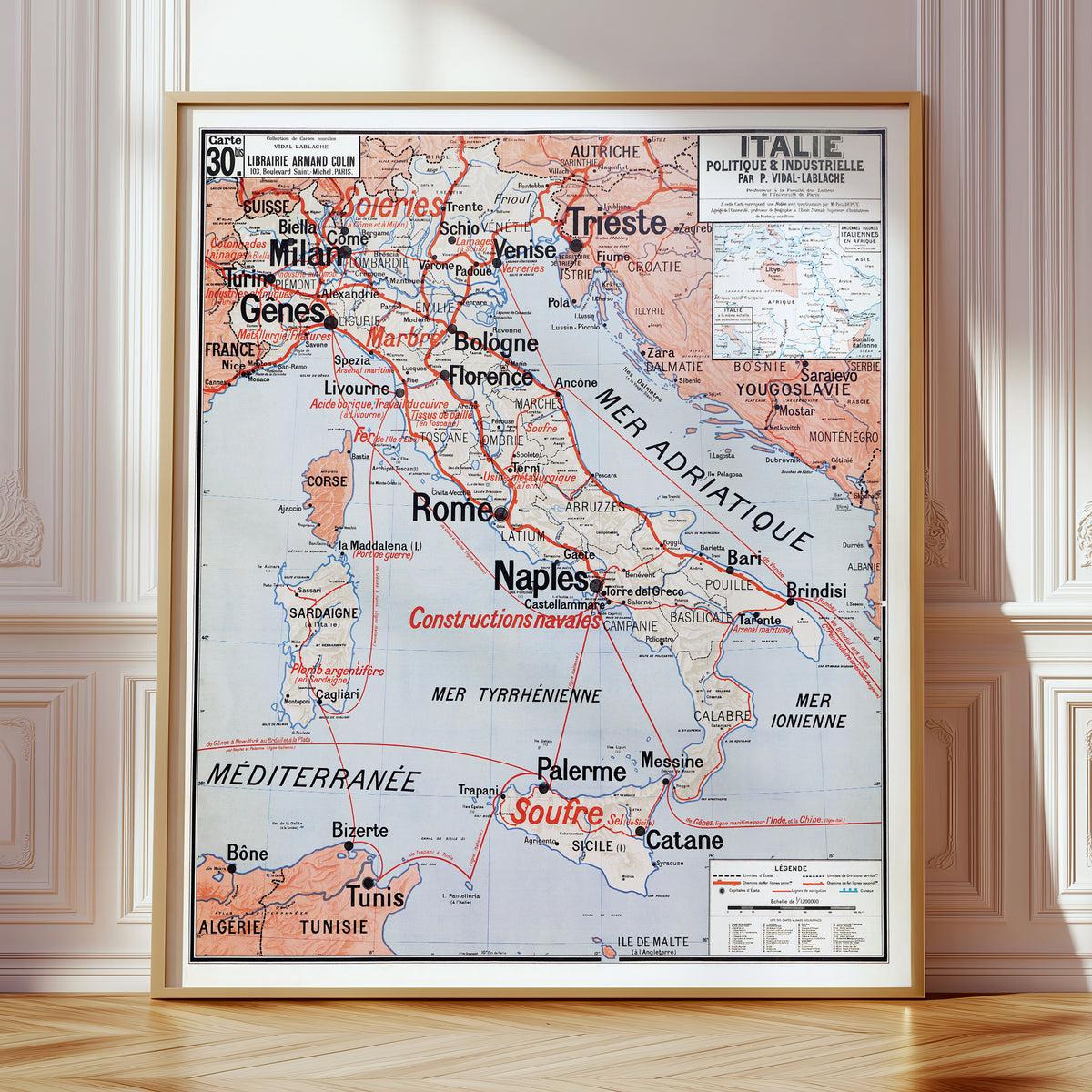 Carte Vidal Lablache 30 BIS - ITALIE - POLITIQUE ET INDUSTRIELLE - 100 x 120 cm (reproduction ancienne carte scolaire)
