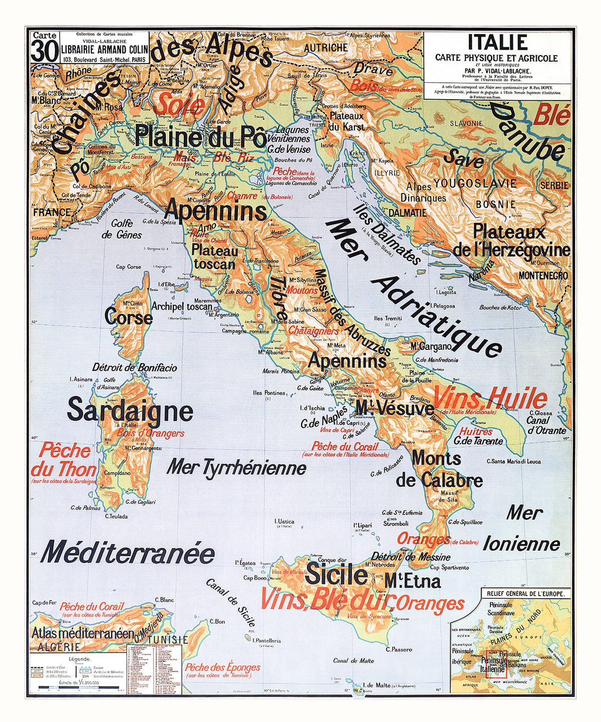 Carte Vidal Lablache 30 - ITALIE - PHYSIQUE ET AGRICOLE - 100 x 120 cm (reproduction ancienne carte scolaire)