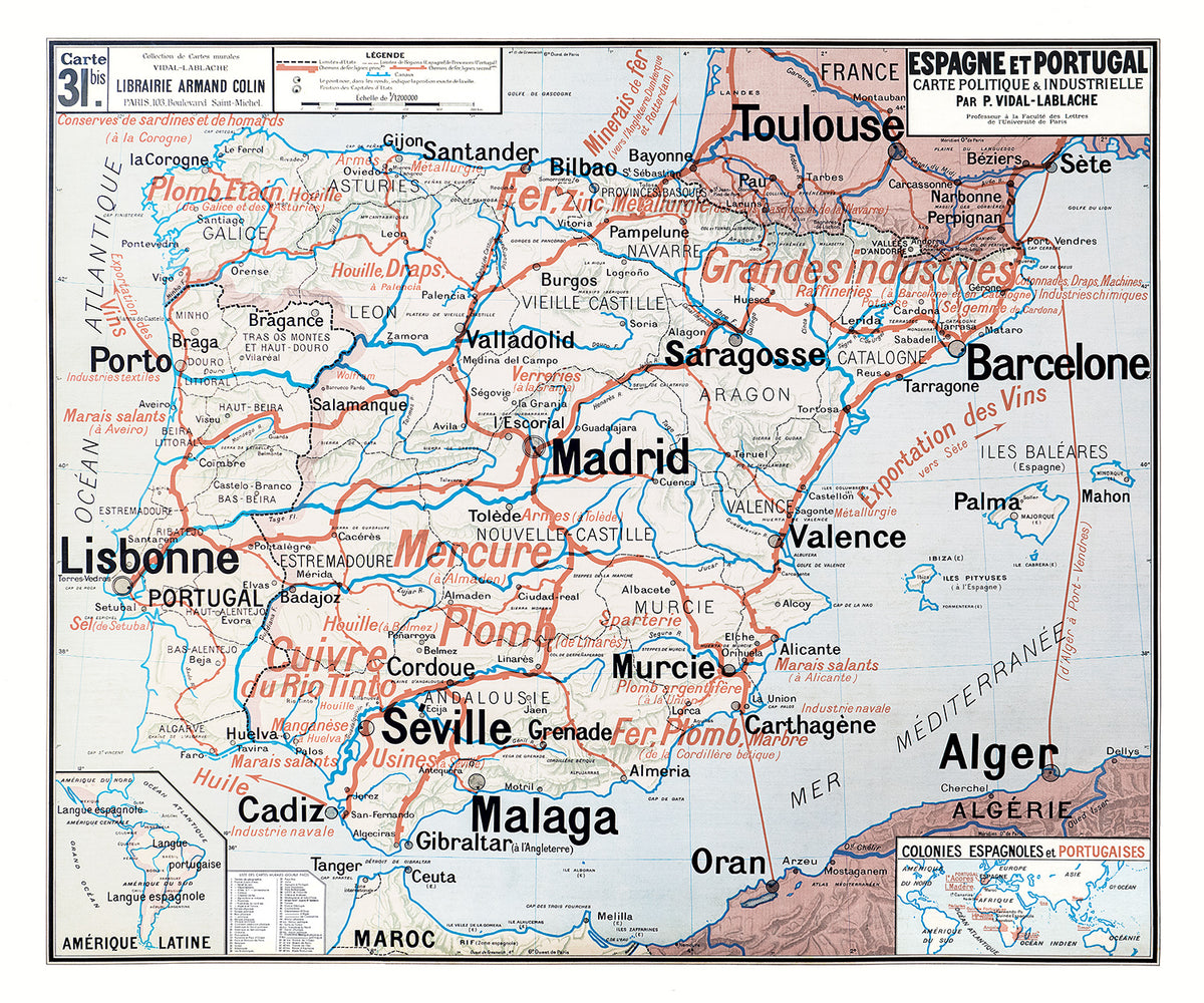 Carte Vidal Lablache 31 BIS - ESPAGNE ET PORTUGAL - POLITIQUE ET INDUSTRIELLE - 120 x 100 cm (reproduction ancienne carte scolai