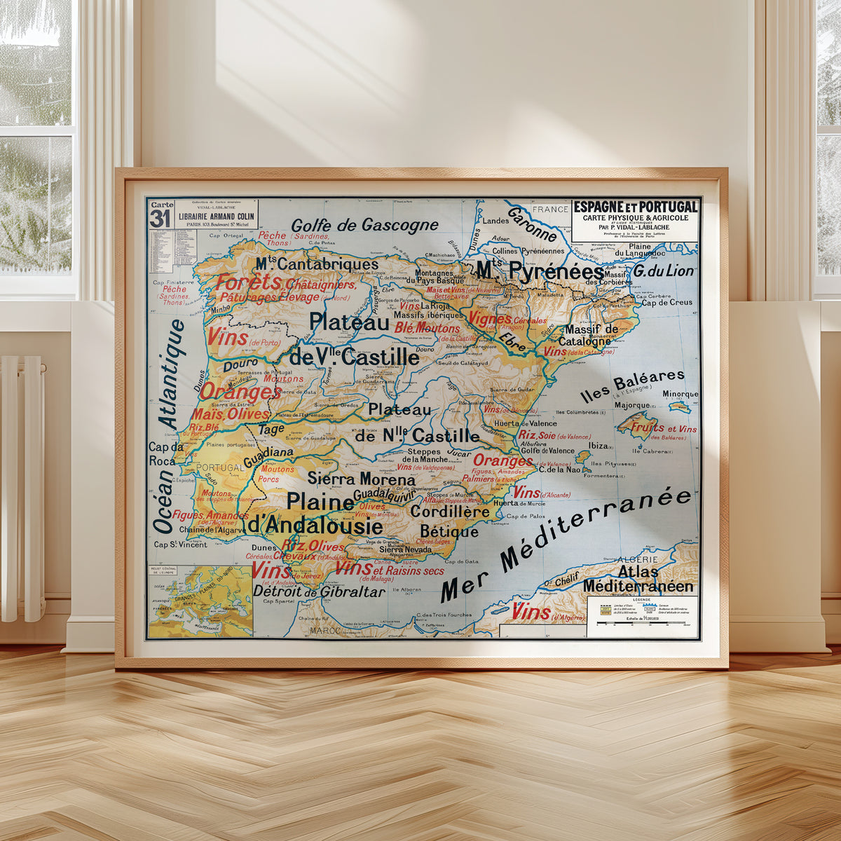 Carte Vidal Lablache 31 - ESPAGNE ET PORTUGAL - PHYSIQUE ET AGRICOLE - 120 x 100 cm (reproduction ancienne carte scolaire)