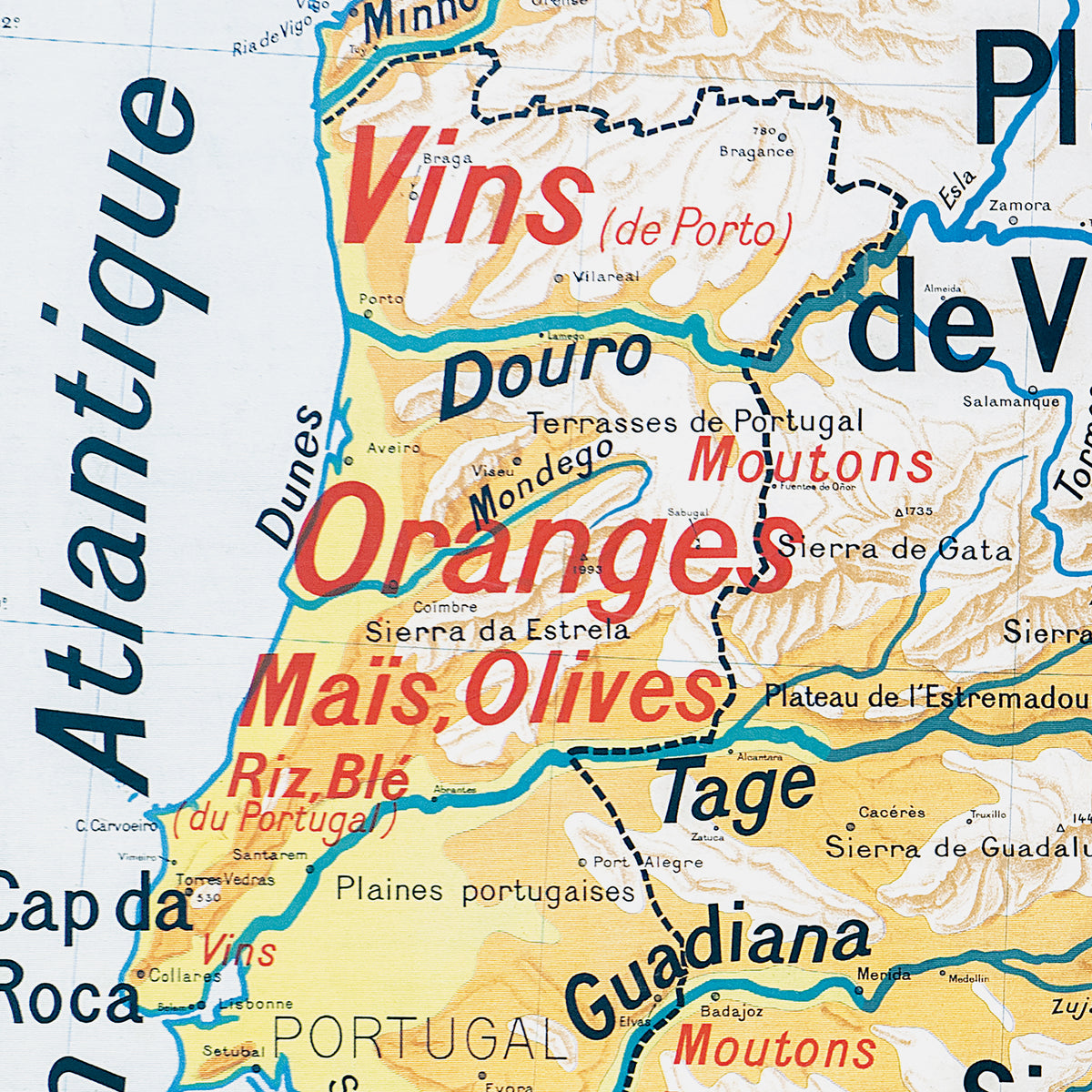 Carte Vidal Lablache 31 - ESPAGNE ET PORTUGAL - PHYSIQUE ET AGRICOLE - 120 x 100 cm (reproduction ancienne carte scolaire)