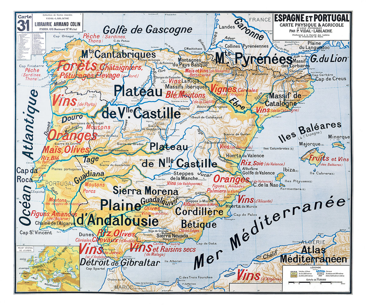 Carte Vidal Lablache 31 - ESPAGNE ET PORTUGAL - PHYSIQUE ET AGRICOLE - 120 x 100 cm (reproduction ancienne carte scolaire)