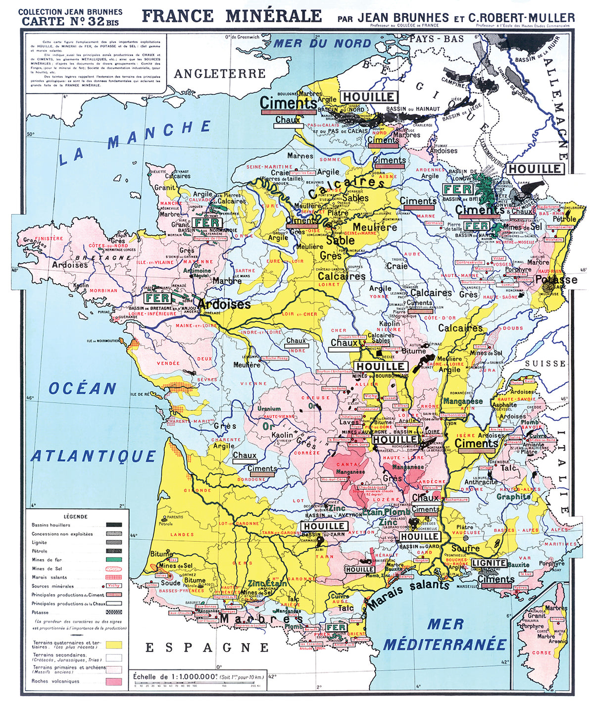 Carte Jean Brunhes et C. Robert-Muller 32 BIS - FRANCE MINERALE - 100 x 120 cm (reproduction ancienne carte scolaire)