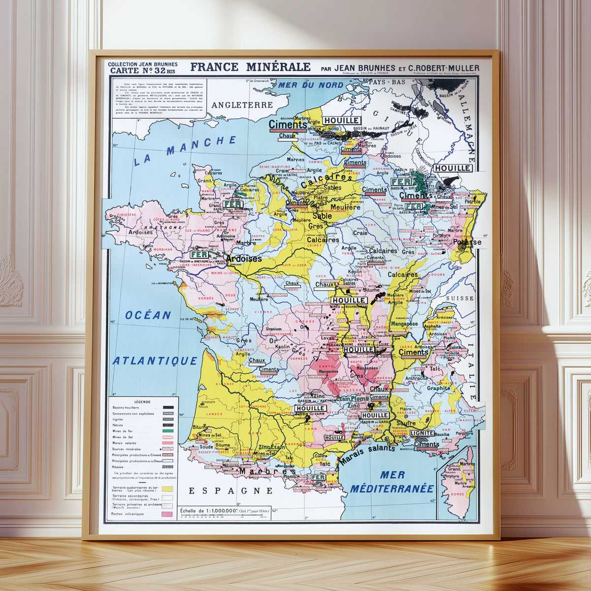 Carte Jean Brunhes et C. Robert-Muller 32 BIS - FRANCE MINERALE - 100 x 120 cm (reproduction ancienne carte scolaire)