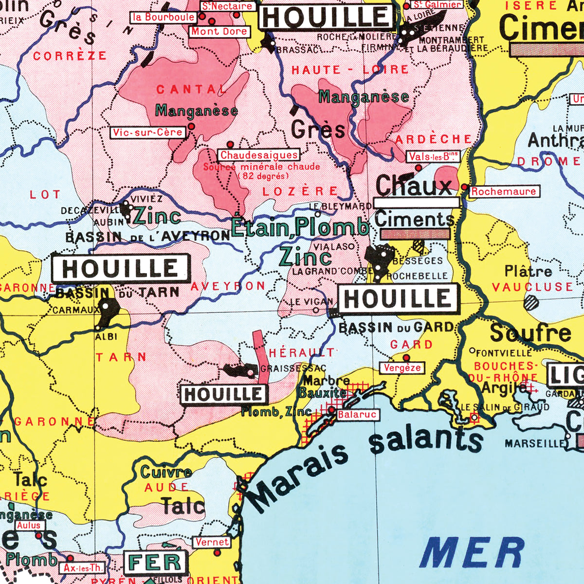 Carte Jean Brunhes et C. Robert-Muller 32 BIS - FRANCE MINERALE - 100 x 120 cm (reproduction ancienne carte scolaire)