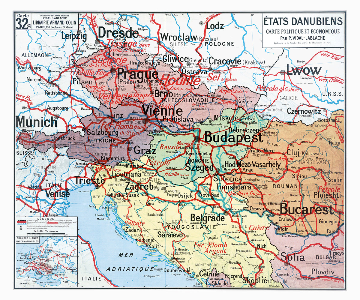 Carte Vidal Lablache 32 BIS  - ETATS DANUBIENS - POLITIQUE ET ECONOMIQUE - 120 x 100 cm (reproduction ancienne carte scolaire)