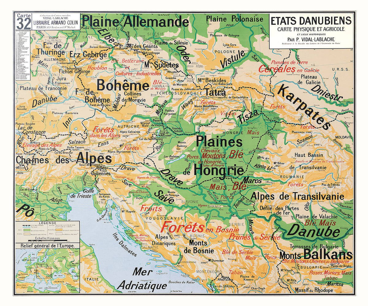 Carte Vidal Lablache 32 - ETATS DANUBIENS - PHYSIQUE ET AGRICOLE - 120 x 100 cm (reproduction ancienne carte scolaire)