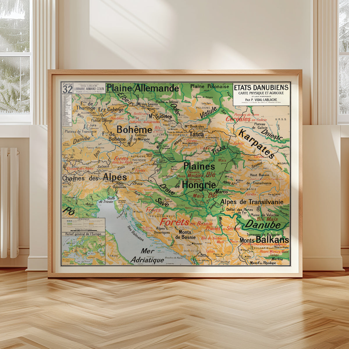 Carte Vidal Lablache 32 - ETATS DANUBIENS - PHYSIQUE ET AGRICOLE - 120 x 100 cm (reproduction ancienne carte scolaire)