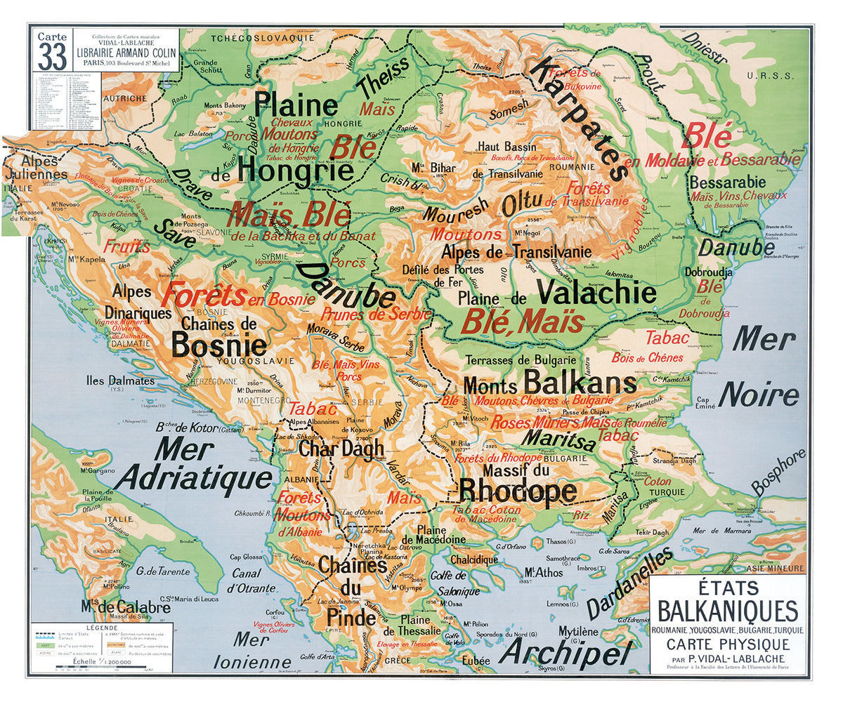 Carte Vidal Lablache 33 - ETATS BALKANIQUES - PHYSIQUE - 120 x 100 cm (reproduction ancienne carte scolaire)