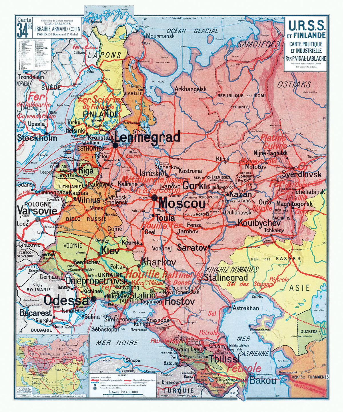 Carte Vidal Lablache 34 BIS - URSS ET FINLANDE - POLITIQUE ET INDUSTRIELLE - 100 x 120 cm (reproduction ancienne carte scolaire)