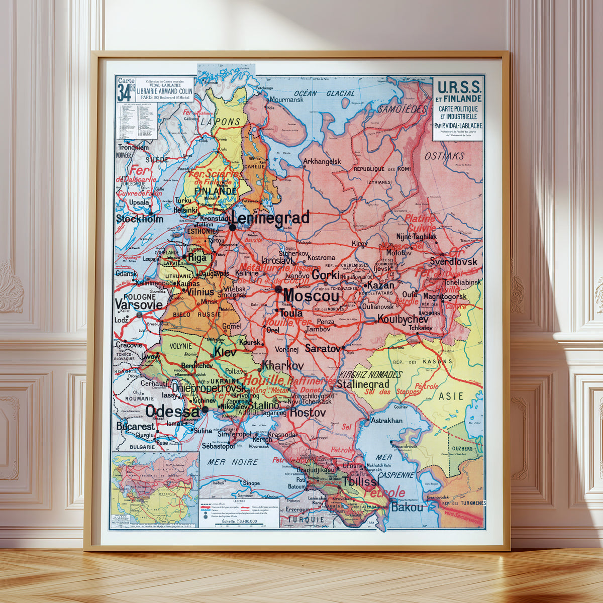 Carte Vidal Lablache 34 BIS - URSS ET FINLANDE - POLITIQUE ET INDUSTRIELLE - 100 x 120 cm (reproduction ancienne carte scolaire)