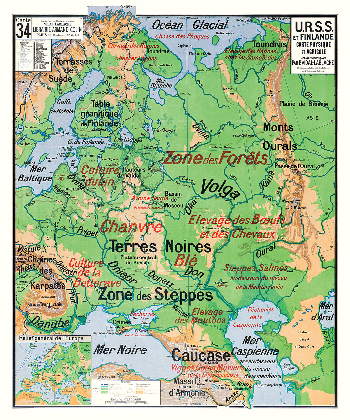 Carte Vidal Lablache 34 - URSS ET FINLANDE - PHYSIQUE ET AGRICOLE - 100 x 120 cm (reproduction ancienne carte scolaire)