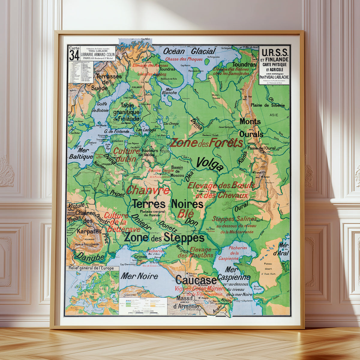 Carte Vidal Lablache 34 - URSS ET FINLANDE - PHYSIQUE ET AGRICOLE - 100 x 120 cm (reproduction ancienne carte scolaire)