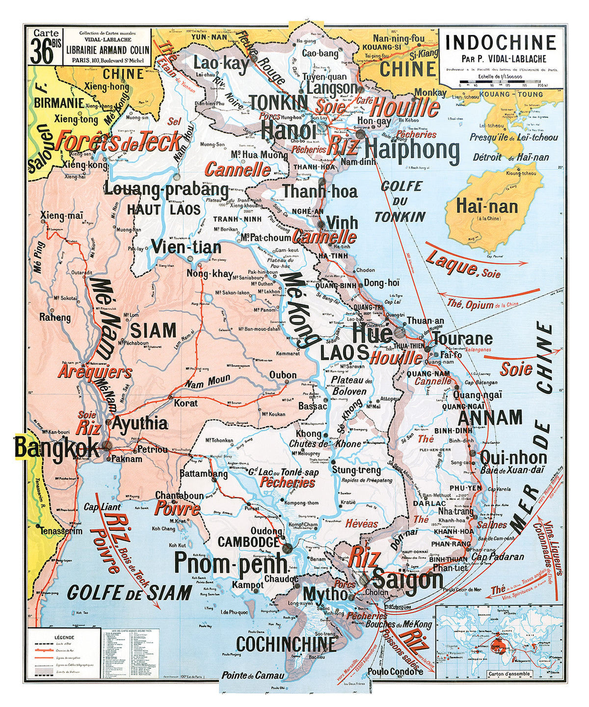 Carte Vidal Lablache 36 BIS - INDOCHINE - 100 x 120 cm (reproduction ancienne carte scolaire)