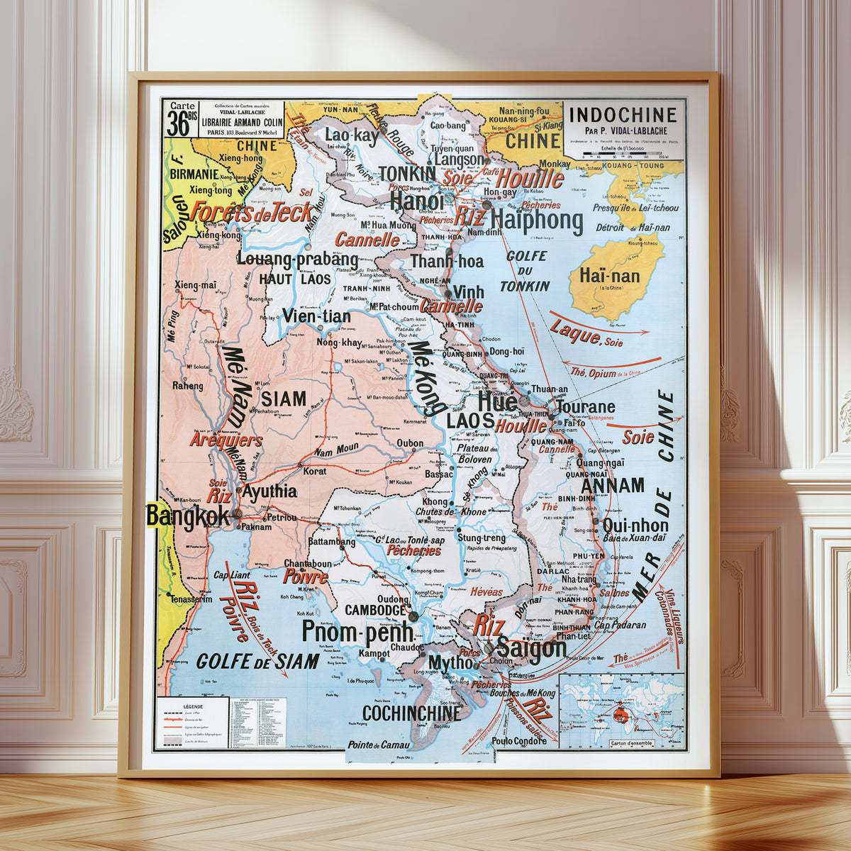 Carte Vidal Lablache 36 BIS - INDOCHINE - 100 x 120 cm (reproduction ancienne carte scolaire)