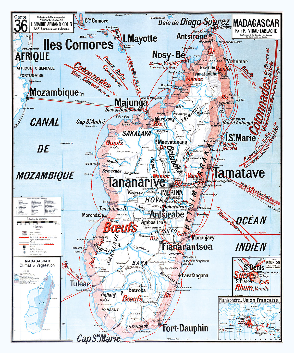 Carte Vidal Lablache 36 - MADAGASCAR - 100 x 120 cm (reproduction ancienne carte scolaire)