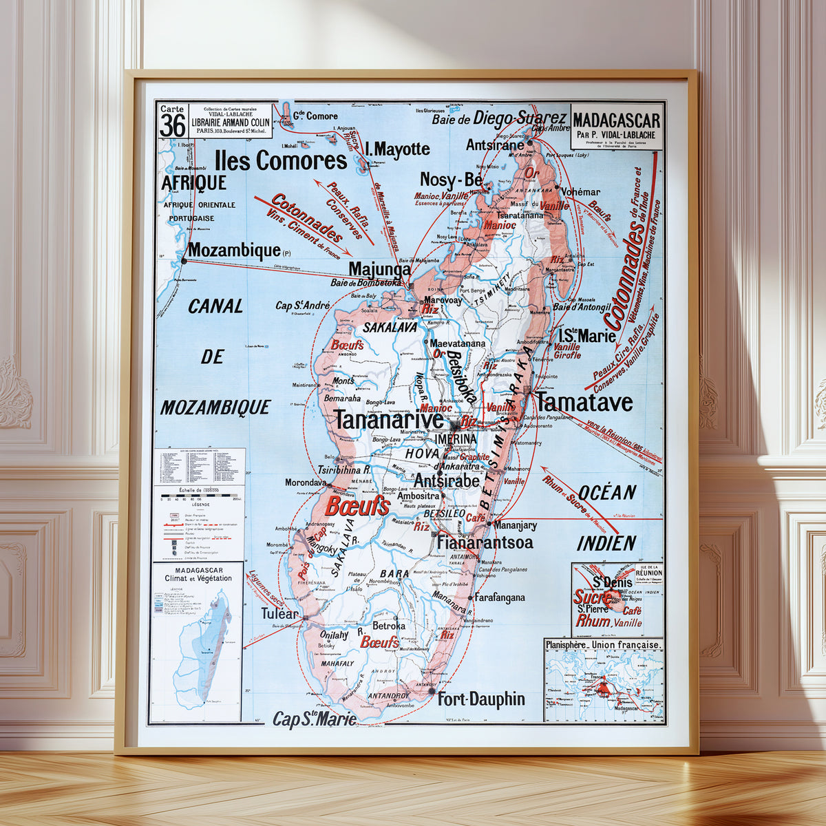 Carte Vidal Lablache 36 - MADAGASCAR - 100 x 120 cm (reproduction ancienne carte scolaire)