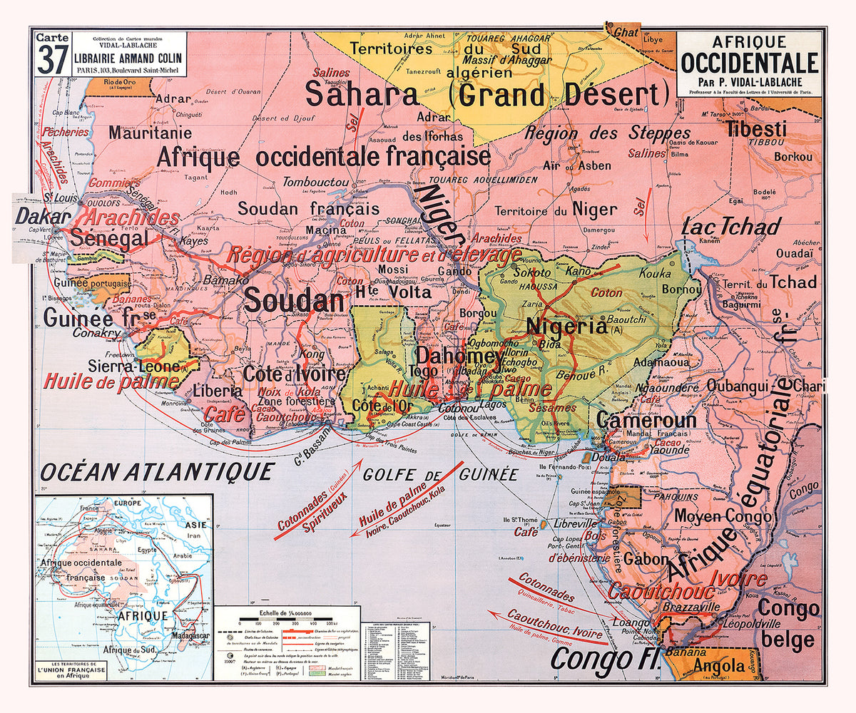 Carte Vidal Lablache 37 - AFRIQUE OCCIDENTALE - 120 x 100 cm (reproduction ancienne carte scolaire)