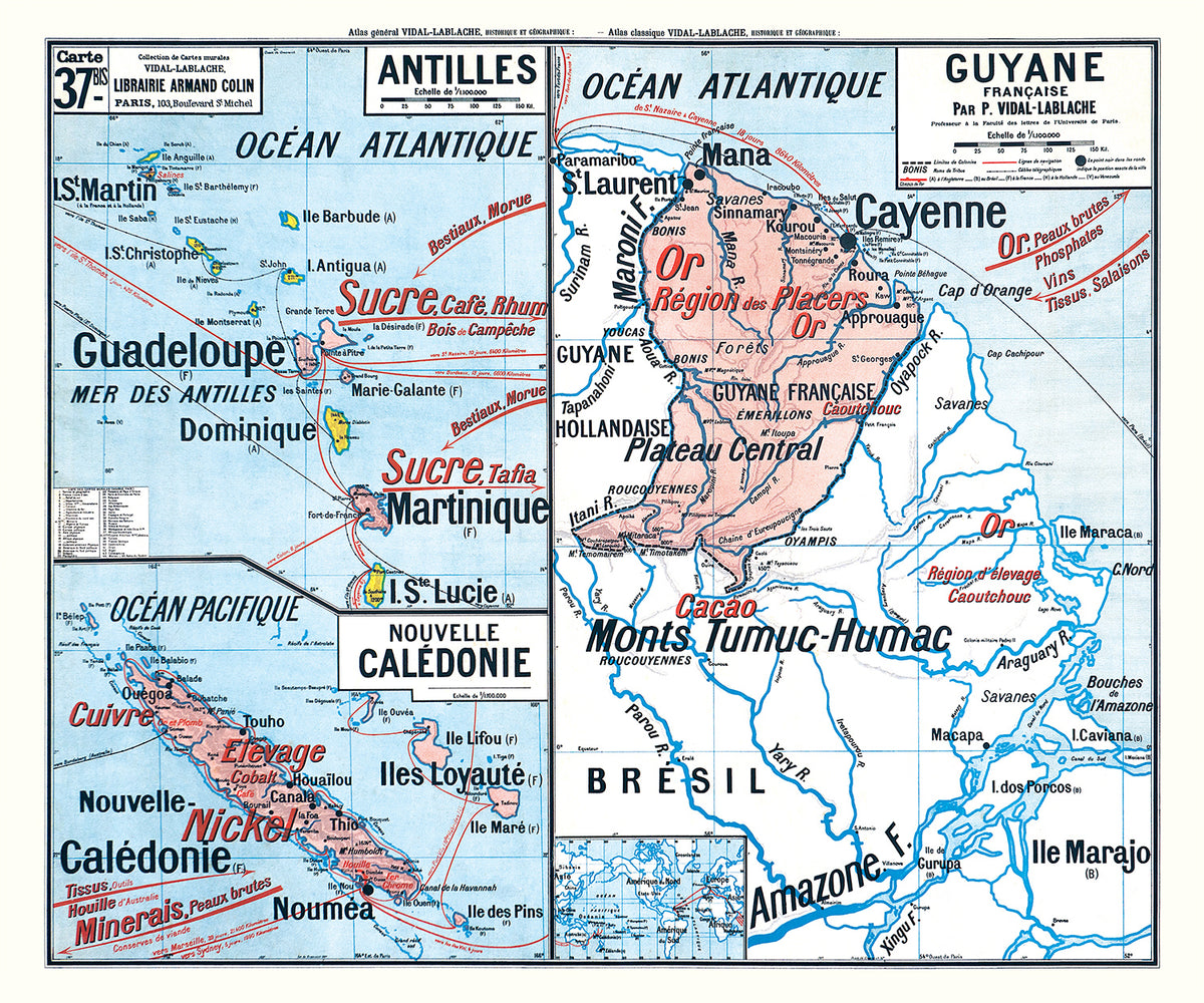 Carte Vidal Lablache 37 BIS - ANTILLES GUYANE NOUVELLE-CALEDONIE - 120 x 100 cm (reproduction ancienne carte scolaire)