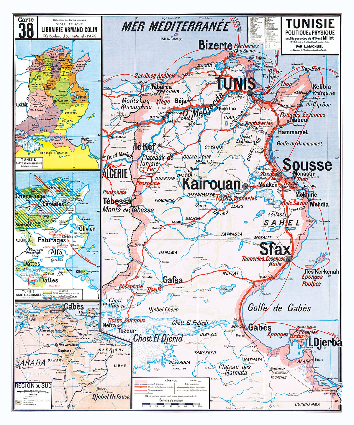 Carte Vidal Lablache 38 - TUNISIE - POLITIQUE ET PHYSIQUE  - 100 x 120 cm (reproduction ancienne carte scolaire)