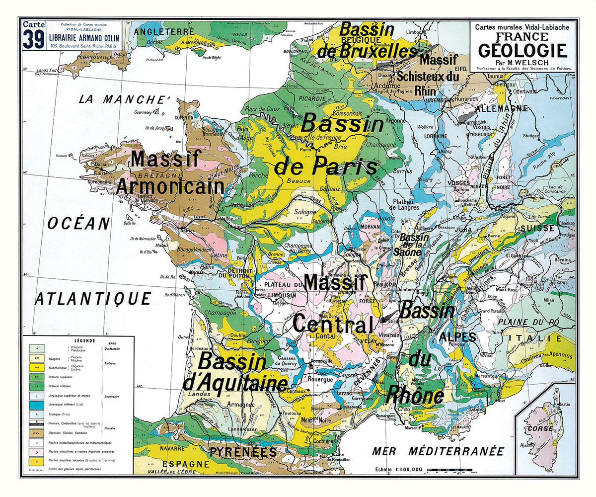 Carte Vidal Lablache 39 - FRANCE GEOLOGIE - 120 x 100 cm (reproduction ancienne carte scolaire)