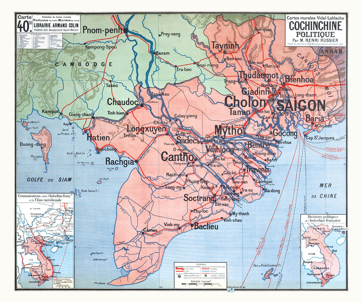 Carte Vidal Lablache 40 BIS - COCHINCHINE POLITIQUE - 120 x 100 cm (reproduction ancienne carte scolaire)