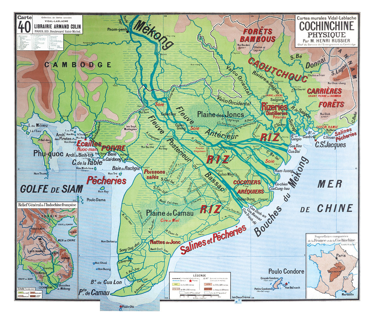 Carte Vidal Lablache 40 - COCHINCHINE PHYSIQUE - 120 x 100 cm (reproduction ancienne carte scolaire)