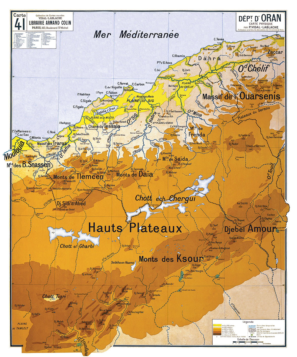 Carte Vidal Lablache 41 - DEPARTEMENT D'ORAN - 100 x 120 cm (reproduction ancienne carte scolaire)