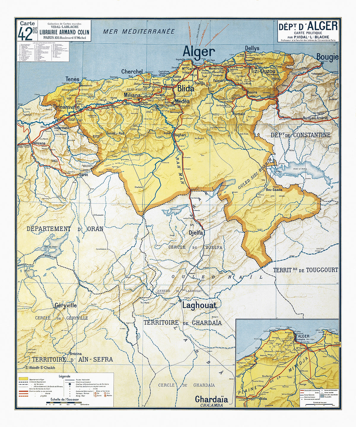 Carte Vidal Lablache 42 BIS - DEPARTEMENT D'ALGER - 100 x 120 cm (reproduction ancienne carte scolaire)