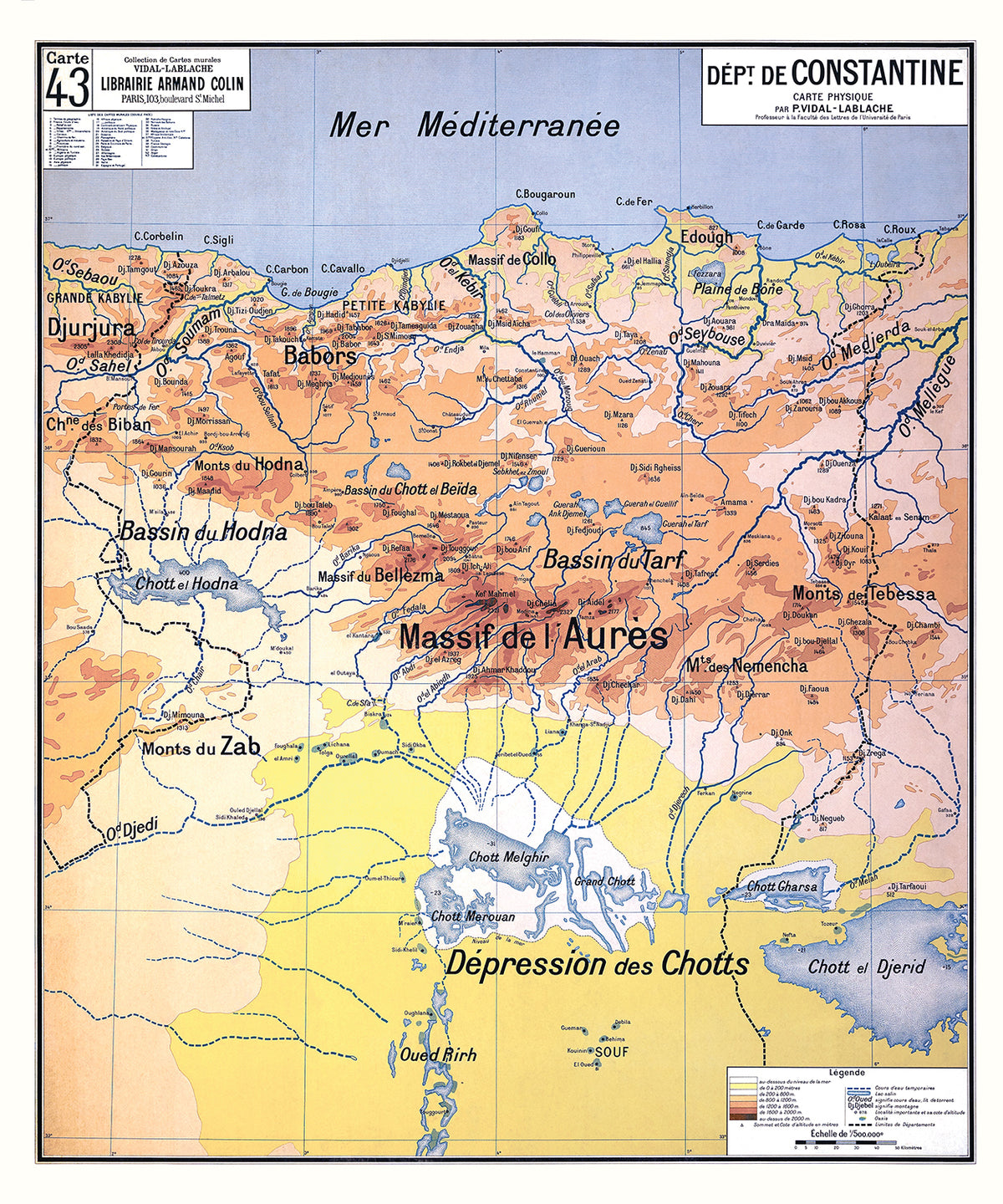 Carte Vidal Lablache 43 - DEPARTEMENT DE CONSTANTINE - 100 x 120 cm (reproduction ancienne carte scolaire)