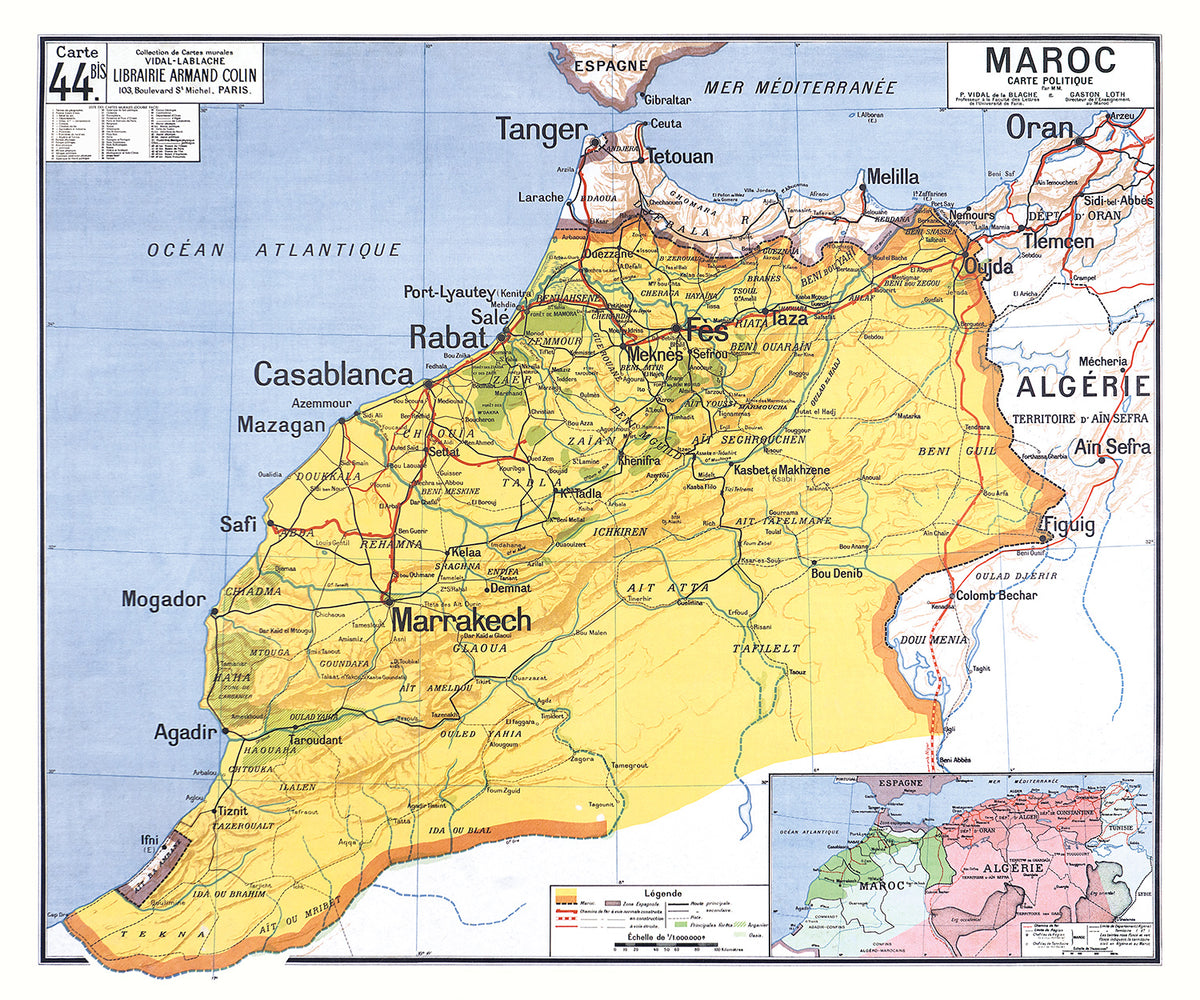 Carte Vidal Lablache 44 BIS - MAROC POLITIQUE - 120 x 100 cm (reproduction ancienne carte scolaire)
