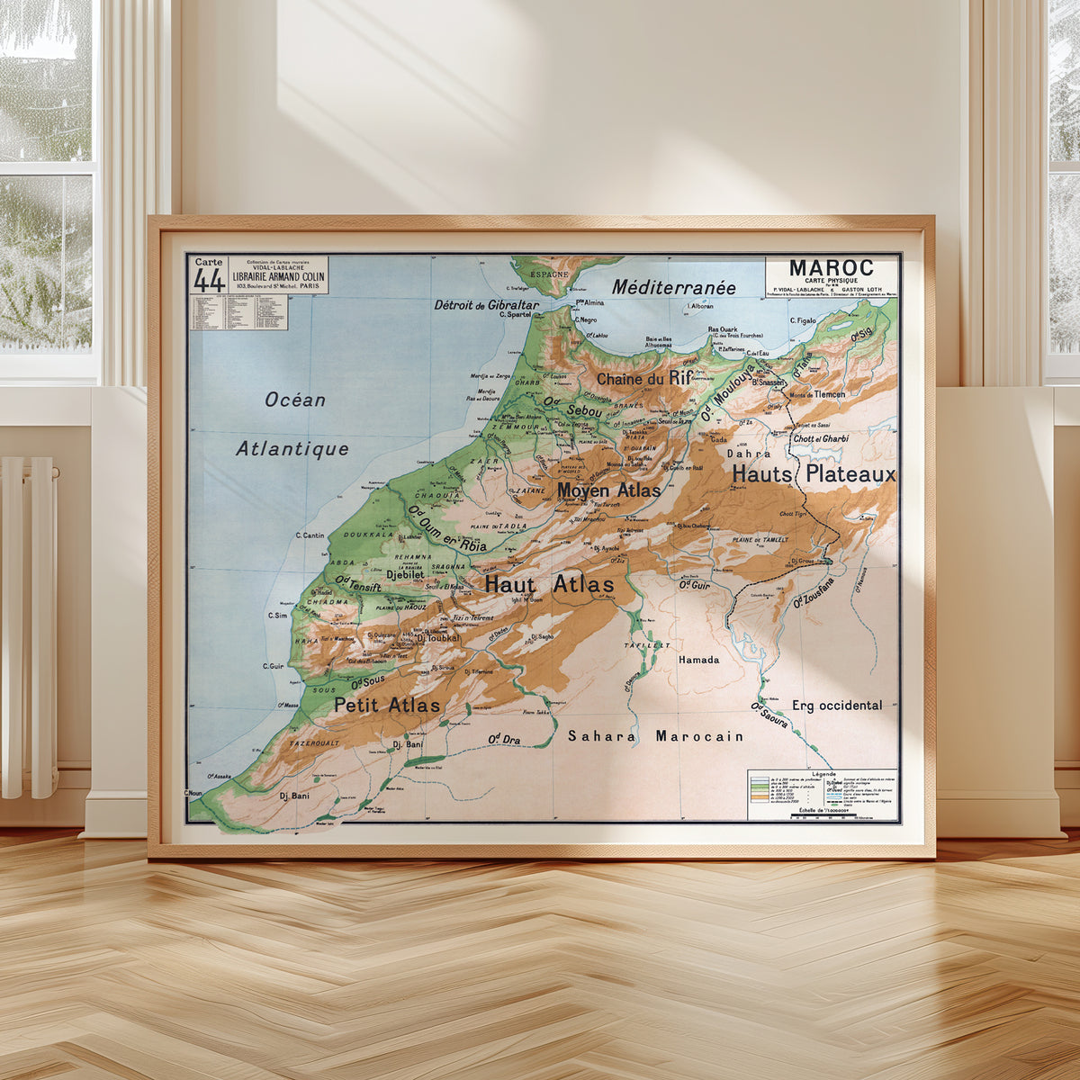 Carte Vidal Lablache 44 - MAROC PHYSIQUE - 120 x 100 cm (reproduction ancienne carte scolaire)