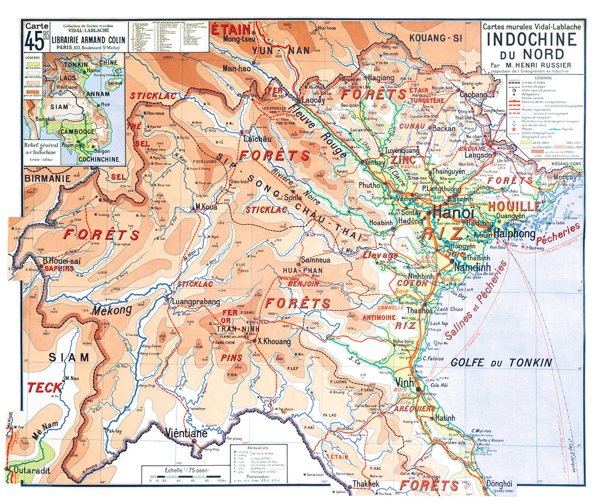 Carte Vidal Lablache 45 BIS - INDOCHINE DU NORD - 120 x 100 cm (reproduction ancienne carte scolaire)
